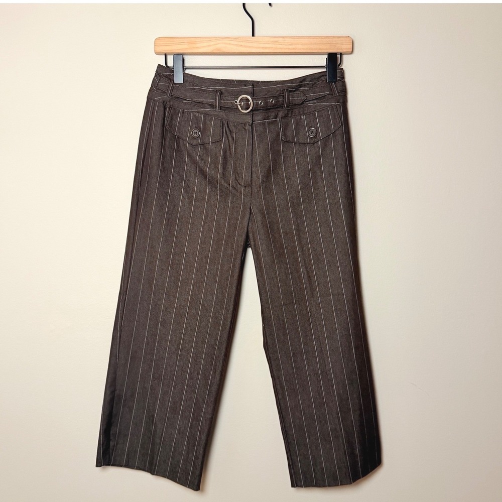 VTG Larry Levine Stretch Brown Pin Stripe Y2K Capri Pants Belted 90s SZ 4P